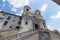 Facade view of The church of the Santissima TrinitÃ  dei Monti against blue sky above Spanish Steps, Rome, Italy