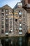 Facade view of the old abandoned in decay factory mill Bolands Flour Mills in Dublin Ireland.