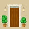 Facade of Wooden Front Double Door with Decorative Bushes in Cachepot and Light Vector Illustration