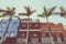 Facades of colourful houses and palm trees on typical canarian street, Puerto de La Cruz, Tenerife, Spain