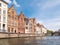 Facades of houses on Spiegelrei canal, Bruges, Flanders, Belgium