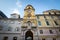 Facades of the Korzo street in Rijeka, croatia, with the city tower, or gradski toranj, a baroque clocktower from the 19th century