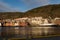 The facades of the old houses in the historical town quarter Bryggen in the city of Bergen, Norway on a sunny day