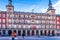 Facades of the Plaza Mayor in Madrid in Castile, Spain