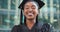 Face, achievement or black woman with graduation, education or celebration with scholarship, robe or university