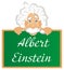 Face of Albert Einstein and board with letters