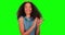 Face, applause and woman in green screen studio for motivation, good job and success on mockup background. Portrait