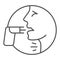 Face and asthma inhaler thin line icon, Allergy concept, Applying inhalant sign on white background, Person use inhaler