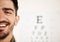 Face banner, optometrist and man with eye chart in hospital for vision, wellness or healthcare. Portrait