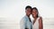 Face, beach and hug with black couple, love and romance with honeymoon celebration and travel. Portrait, embrace and