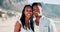 Face, beach and hug with black couple, smile and romantic with honeymoon, adventure and travel. Portrait, embrace and