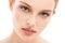 Face, beauty and woman in portrait with skincare closeup, healthy skin with glow against white background. Eyes, vision