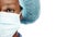 Face, black woman and doctor with eye, mask for surgery or healthcare and surgical cap on white background. Vision