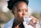 Face of black woman and drinking water for sports break, energy and workout, training and diet. Portrait of thirsty
