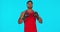 Face, boxer and man challenge in studio isolated on a blue background mockup. Portrait, boxing athlete and Indian person
