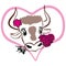 Face of bull with bouquet of roses in mouth and aster flower on its head, peeking out of heart. Concept: Gift for Valentine Day.