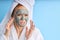 Face care. Irritated caucasian woman use mask for face