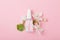 Face care products tonic or lotion, serum, spray, micellar water on pink background with spring apple blossom.