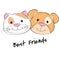 Face cat and dog best friends white background.