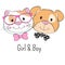 Face cat and dog best friends white background.