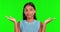 Face, confused and woman in green screen studio with questions, why and emoji hands on mockup studio background