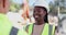 Face, construction and black woman engineer talking to colleague on building site for planning. Industry, smile and