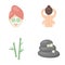 Face with a cosmetic mask with cucumbers, massage hands, bamboo, stones with lotus flowers. Spa set collection icons in