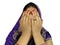 face covered by Hands Indian woman feeling stressed and harassed so terrified wearing sari