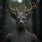 face of dark deer character on blurry forest background generative AI