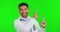 Face, doctor and Asian man with green screen, pointing and presentation with wellness, choice and opportunity on a