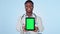 Face of doctor, green screen or black man with tablet for mockup space, ads or studio product placement. Happy, blue