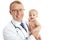 Face, doctor and man with baby in studio isolated on a white background mockup. Portrait, healthcare and happy medical