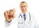 Face, doctor and man with pills in studio isolated on a white background. Portrait, healthcare and happy medical worker