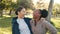 Face, exercise and friends laughing in the park during a workout in summer for health or wellness. Portrait, fitness and