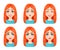 Face expressions of beautiful redhead woman