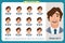 Face expressions of a man.Flat cartoon character. Businessman in a suit and tie.
