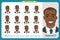 Face expressions of a man.Flat cartoon character. Businessman in a suit and tie.Black American