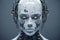face of female android bio robot, close portrait, concept of cybernetics and biomechanics and robotics of future