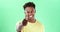 Face, funny and man with thumbs up on green screen in studio isolated on a background mockup. Portrait, hand gesture and