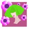 Face of girl with green hair on the background of purple flowers. Flat avatar.