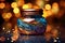 Face gloss glass jar realistic illustration highlighted on a dark background with bokeh. Generated by AI