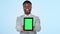 Face, green screen and black man with a tablet, business and employee on a blue studio background. Portrait, African