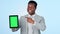 Face, green screen and black man with a tablet, employee and presentation on blue studio background. Portrait, African