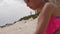 Face happy girl playing and making sand cake and form on summer beach