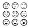 Face icons. Emoticon with emotions of happy, sad, funny, angry, love, cry and laugh. Sketch smiles. Set with doodle emoji. Black