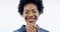 Face, laughing and happy black woman in studio isolated on a white background. Portrait, smile and funny African person