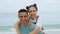 Face, love and couple on beach, piggyback and quality time with happiness, loving and romantic. Portrait, romance and