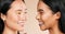 Face, makeup and diversity with model woman friends closeup in studio on a beige background. Skincare, beauty or