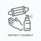 Face mask, gloves and sanitizing spray flat line icon. Vector outline illustration of coronavirus PPE. Medical safety