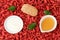 Face mask with goji berry ,yogurt and honey for skin treatment on boji berry background.top view,flat lay